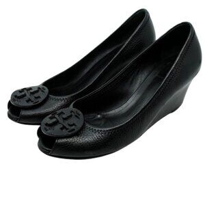TORY BURCH~Sally 2~PEEP TOE PUMP~BLACK TUMBLED LEATHER SHOES~Size 8